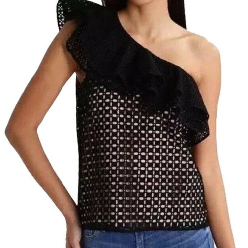 NWT J. Crew One Shoulder Eyelet Black Ruffle Top